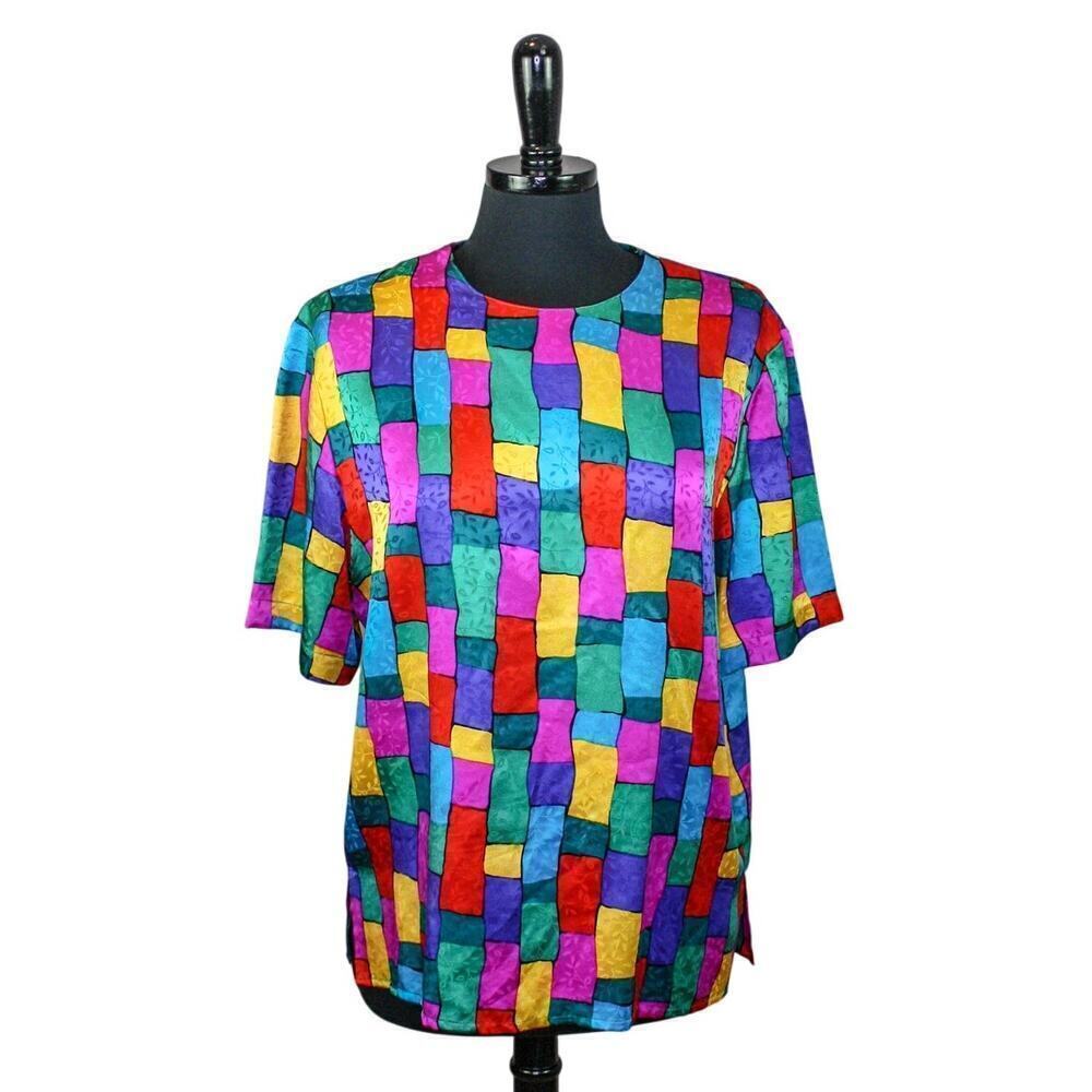 Vintage Galinda Silk Blouse Short Sleeve Multicolor Rainbow Abstract L
